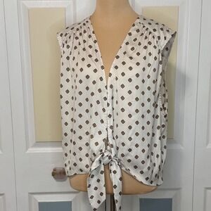 Free People Women White Brown Geometric Diamond Tie Front V-Neck Blouse L